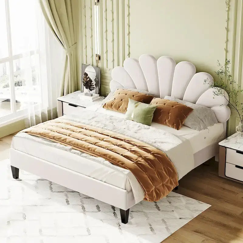 Upholstered Platform Bed with Flower Pattern Velvet Headboard
