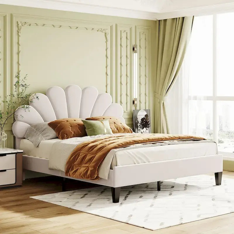 Upholstered Platform Bed with Flower Pattern Velvet Headboard