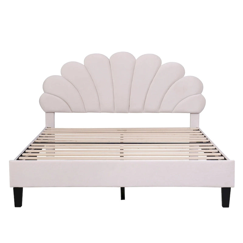Upholstered Platform Bed with Flower Pattern Velvet Headboard