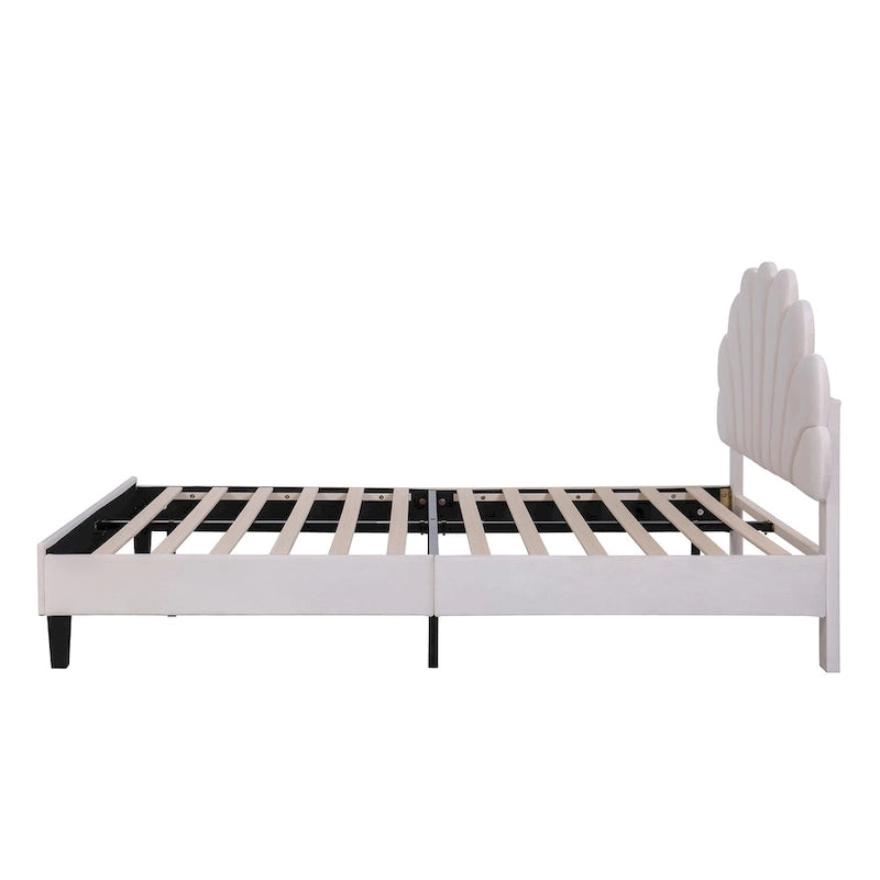 Upholstered Platform Bed with Flower Pattern Velvet Headboard