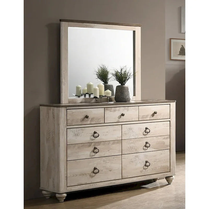 Roundhill Furniture Imerland Contemporary White Wash Finish Bedroom Set with Sleigh Bed, Dresser, Mirror, Two Nightstands