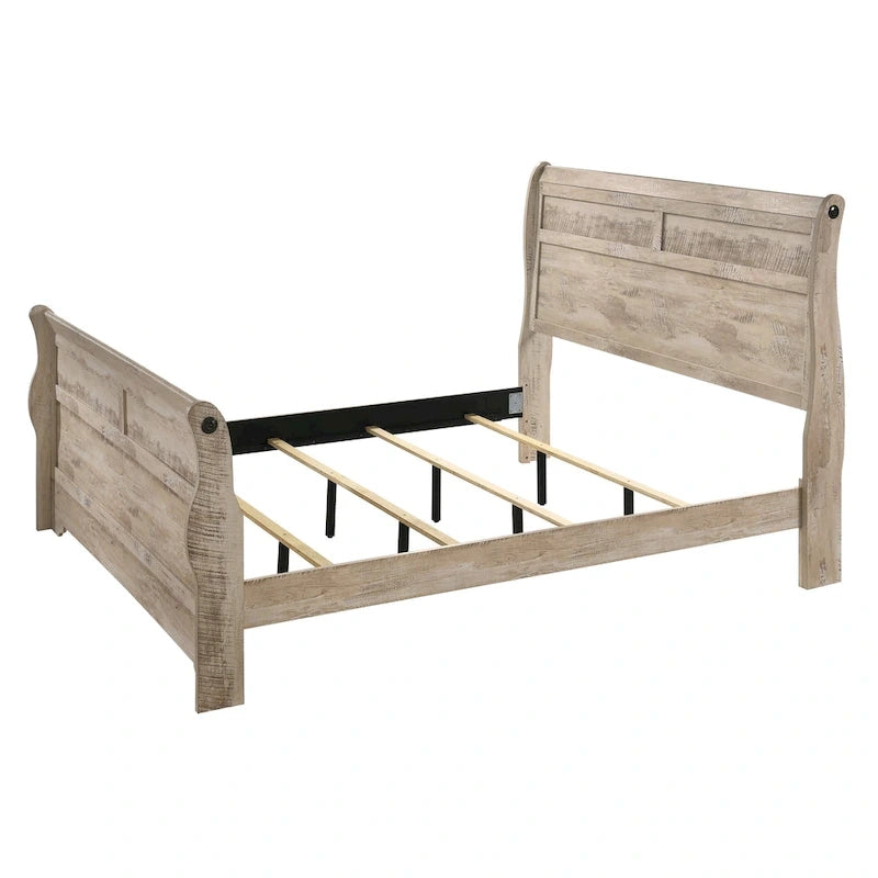Roundhill Furniture Imerland Contemporary White Wash Finish Bedroom Set with Sleigh Bed, Dresser, Mirror, Two Nightstands