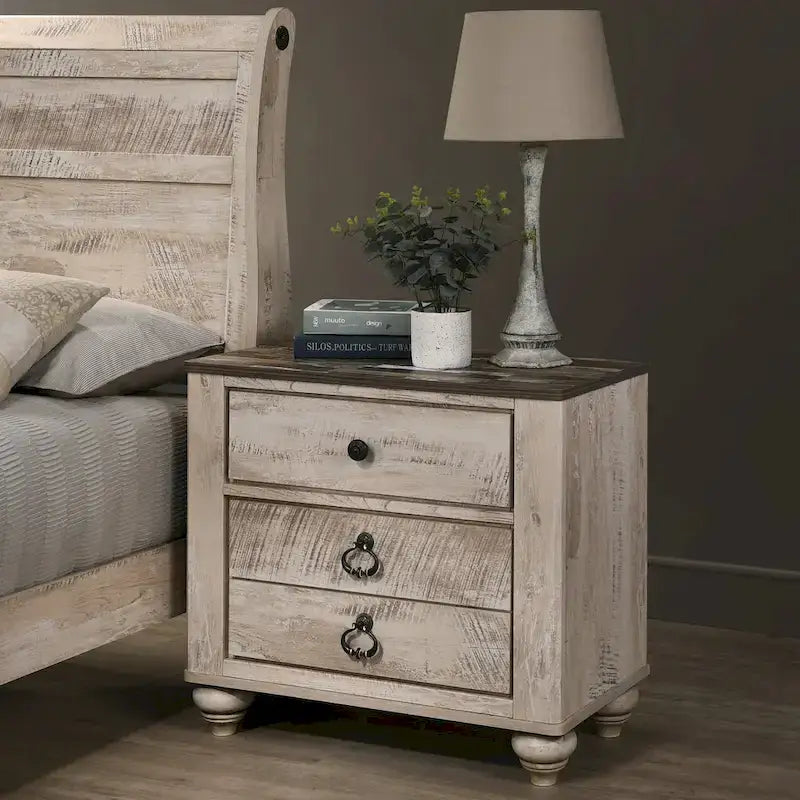 Roundhill Furniture Imerland Contemporary White Wash Finish Bedroom Set with Sleigh Bed, Dresser, Mirror, Two Nightstands