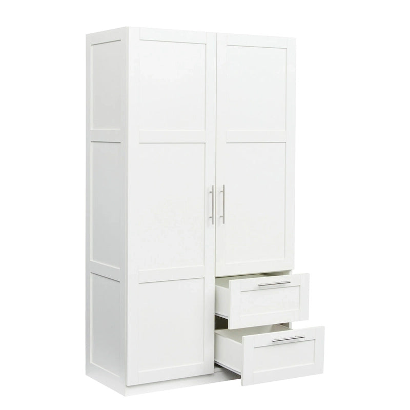 White Wood Wardrobe Armoire Storage Cabinet with Doors,Drawers,Hanging Rod