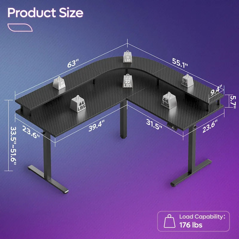 63  L Shaped Standing Desk Gaming Desk with Adjustable Height Ergonomic Monitor Stand Corner Desk