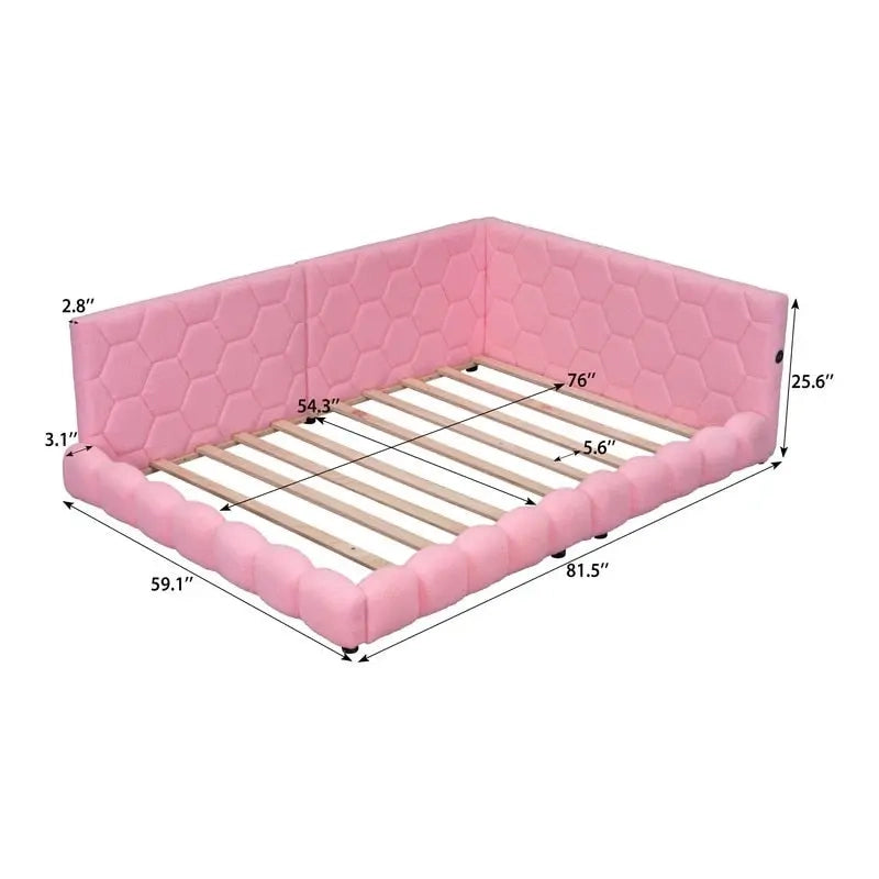 Full Size Teddy Upholstered Platform Bed with USB Ports and LED Belt