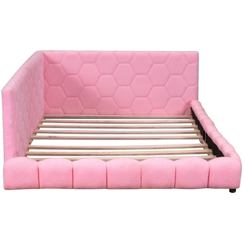 Full Size Teddy Upholstered Platform Bed with USB Ports and LED Belt