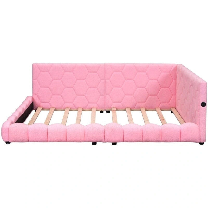 Full Size Teddy Upholstered Platform Bed with USB Ports and LED Belt