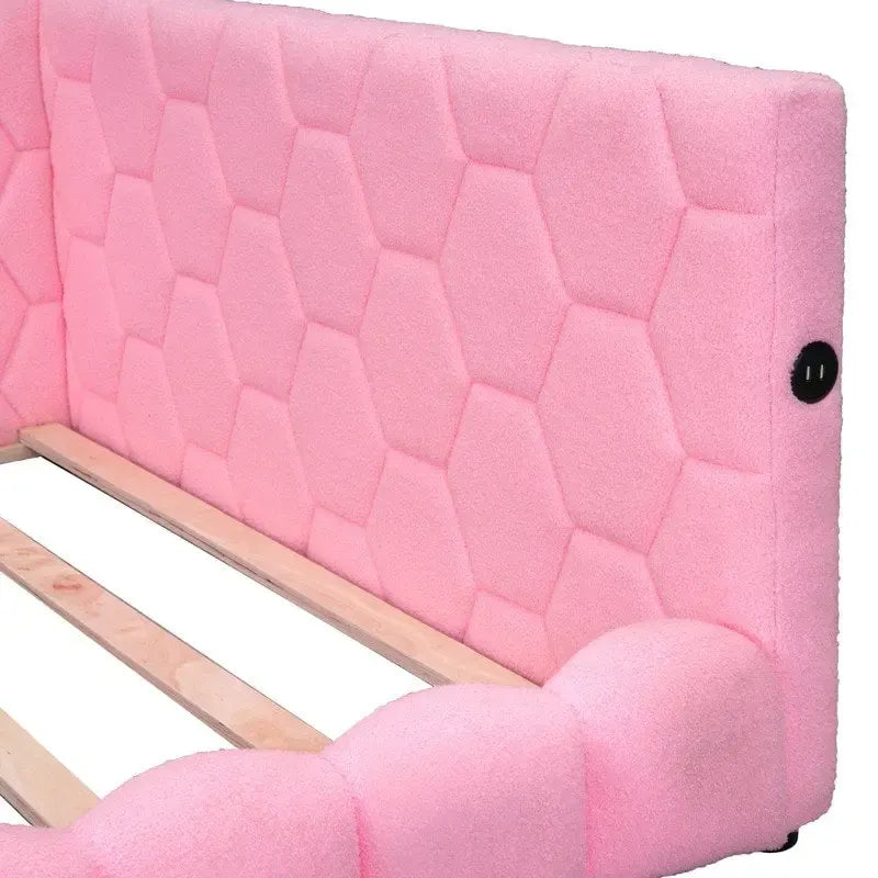 Full Size Teddy Upholstered Platform Bed with USB Ports and LED Belt