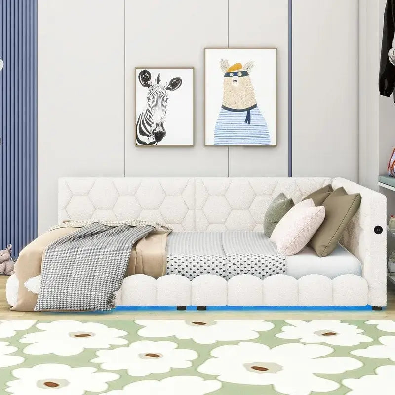 Full Size Teddy Upholstered Platform Bed with USB Ports and LED Belt