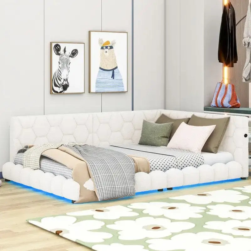 Full Size Teddy Upholstered Platform Bed with USB Ports and LED Belt