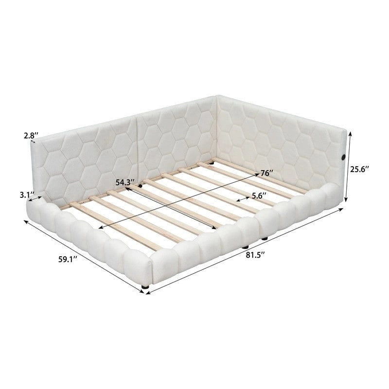 Full Size Teddy Upholstered Platform Bed with USB Ports and LED Belt