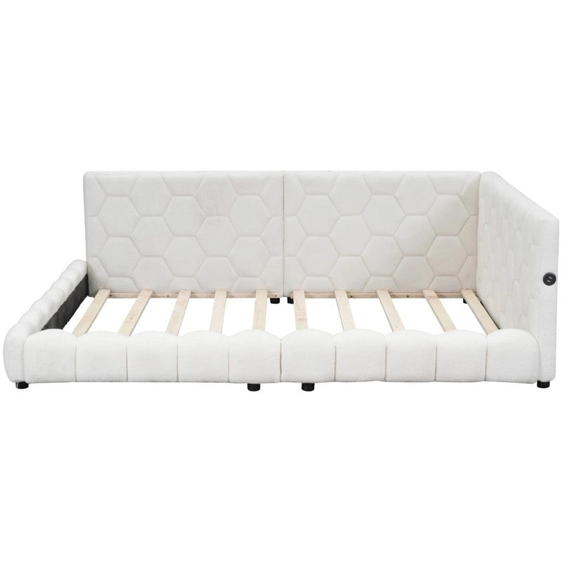 Full Size Teddy Upholstered Platform Bed with USB Ports and LED Belt