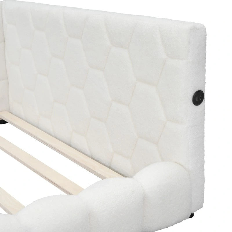 Full Size Teddy Upholstered Platform Bed with USB Ports and LED Belt