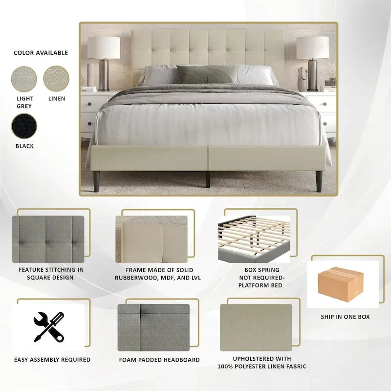 CraftPorch Clean-Lines Stitching Linen Upholstered Bed