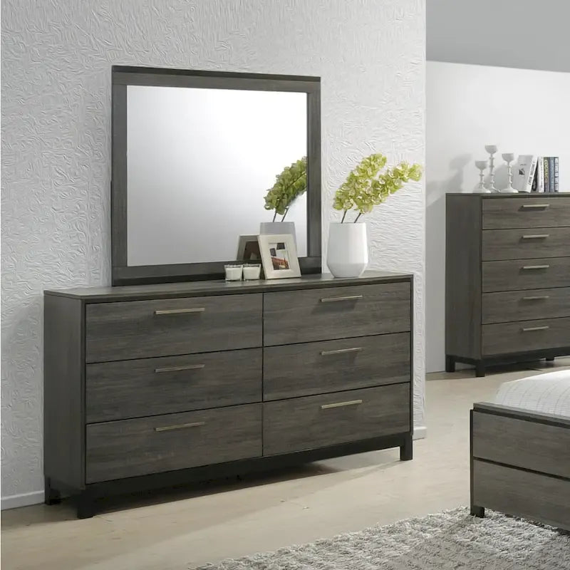 Roundhill Furniture Ioana 187 Antique Grey Finish Wood Bed Room Set, King Size Bed, Dresser, Mirror, Night Stand