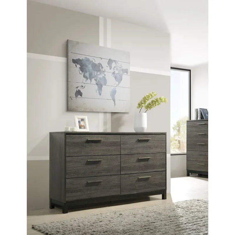 Roundhill Furniture Ioana 187 Antique Grey Finish Wood Bed Room Set, King Size Bed, Dresser, Mirror, Night Stand