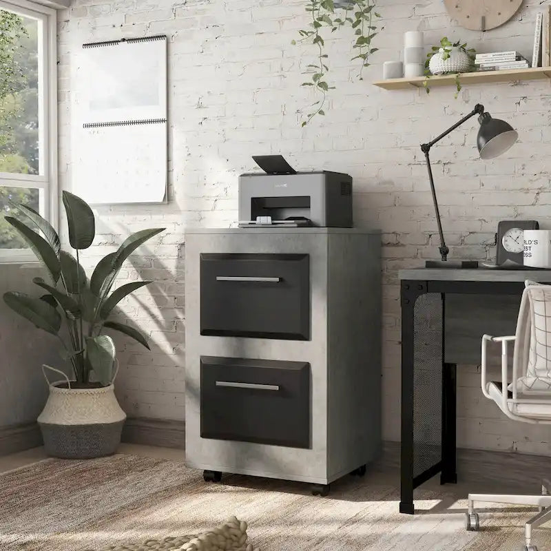 DH BASIC Urban Two-Drawer Mobile File Cabinet with Iron Bar Pulls by Denhour