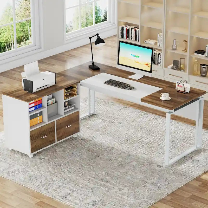63  L-Shaped Computer Desk Executive Desks with Reversible File Cabinet and Storage Drawers for Home Office