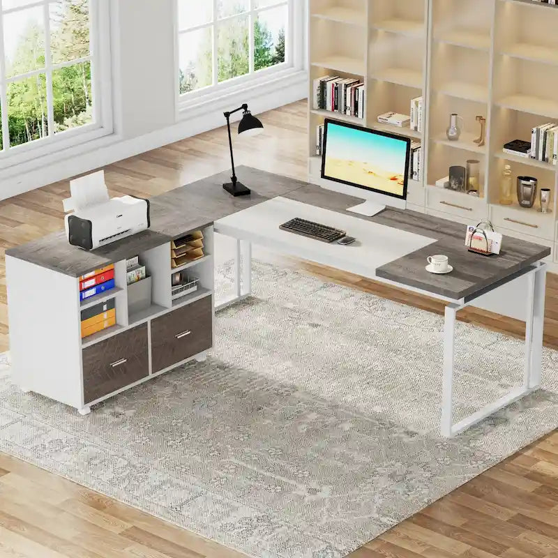 63  L-Shaped Computer Desk Executive Desks with Reversible File Cabinet and Storage Drawers for Home Office