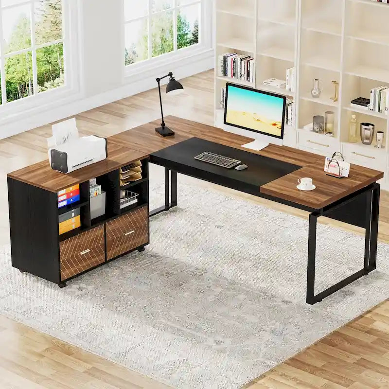 63  L-Shaped Computer Desk Executive Desks with Reversible File Cabinet and Storage Drawers for Home Office