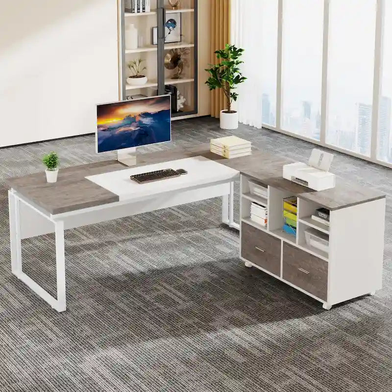 63  L-Shaped Computer Desk Executive Desks with Reversible File Cabinet and Storage Drawers for Home Office