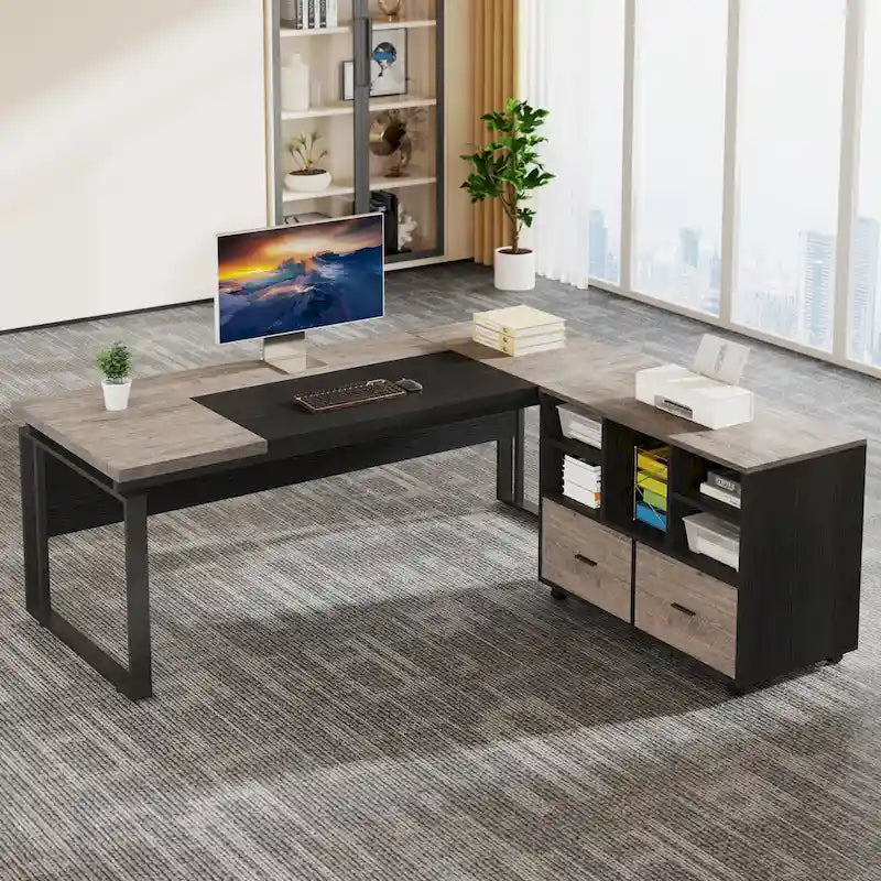 63  L-Shaped Computer Desk Executive Desks with Reversible File Cabinet and Storage Drawers for Home Office