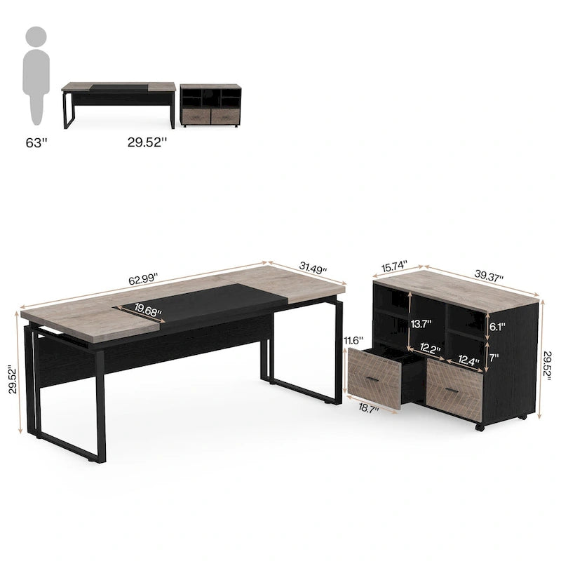 63  L-Shaped Computer Desk Executive Desks with Reversible File Cabinet and Storage Drawers for Home Office