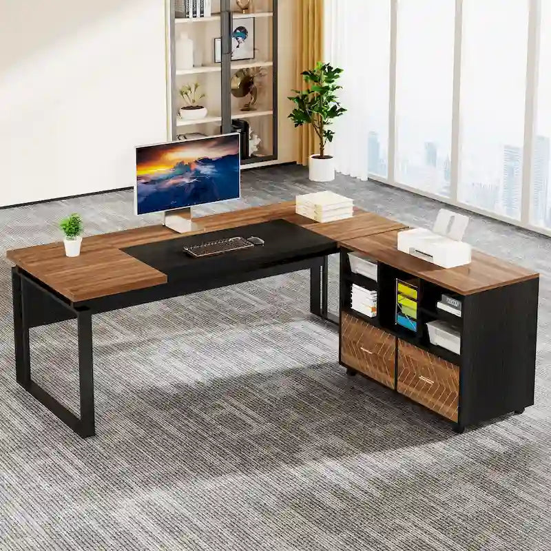 63  L-Shaped Computer Desk Executive Desks with Reversible File Cabinet and Storage Drawers for Home Office