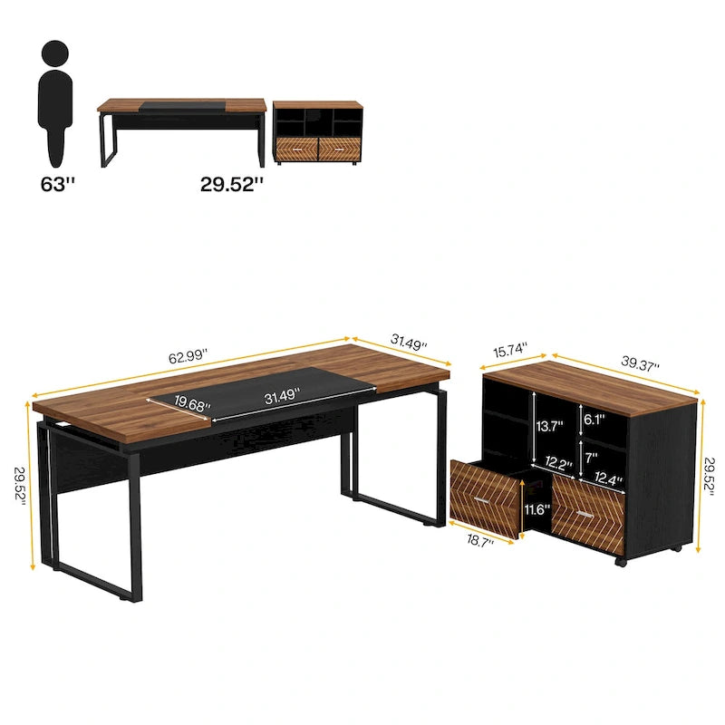 63  L-Shaped Computer Desk Executive Desks with Reversible File Cabinet and Storage Drawers for Home Office