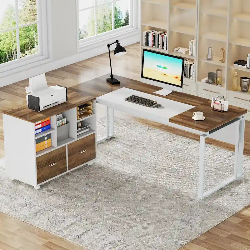 63  L-Shaped Computer Desk Executive Desks with Reversible File Cabinet and Storage Drawers for Home Office