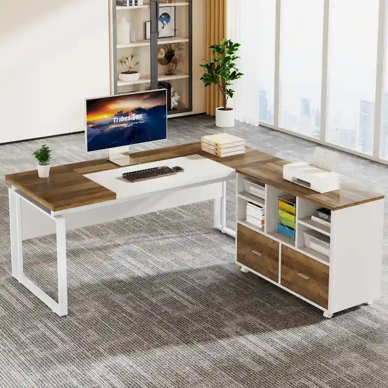 63  L-Shaped Computer Desk Executive Desks with Reversible File Cabinet and Storage Drawers for Home Office