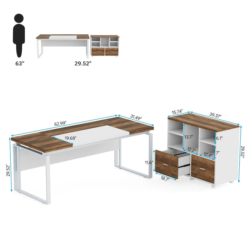 63  L-Shaped Computer Desk Executive Desks with Reversible File Cabinet and Storage Drawers for Home Office