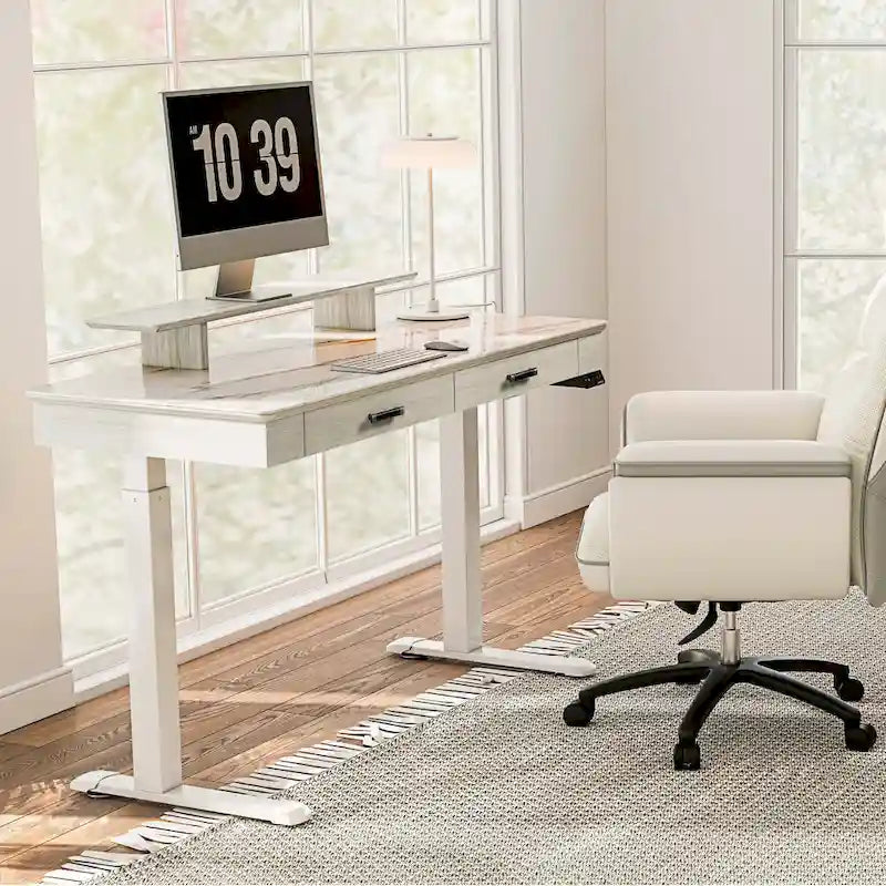 Eureka Ergonomic 55  Slate Stone Standing Desk Executive Writing Desk with 2 Drawers & Monitor Stand