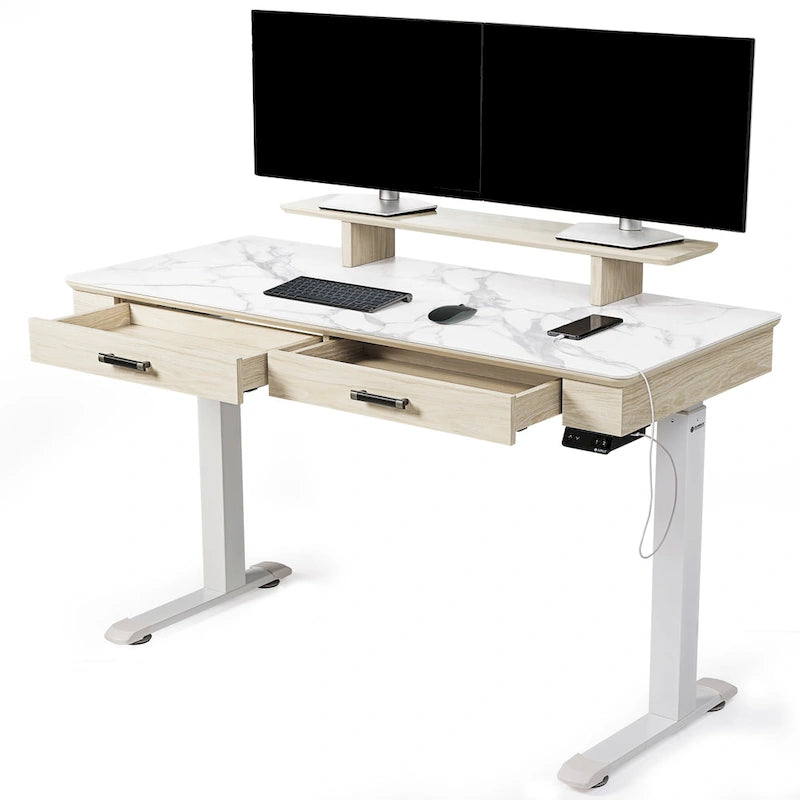 Eureka Ergonomic 55  Slate Stone Standing Desk Executive Writing Desk with 2 Drawers & Monitor Stand