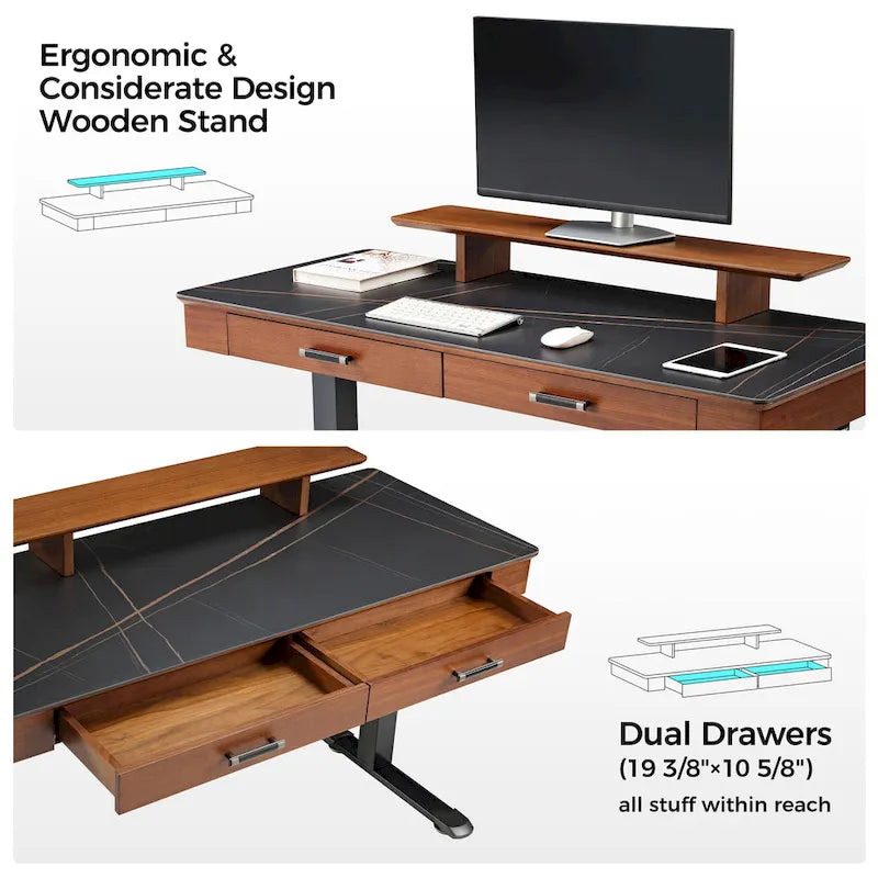 Eureka Ergonomic 55  Slate Stone Standing Desk Executive Writing Desk with 2 Drawers & Monitor Stand