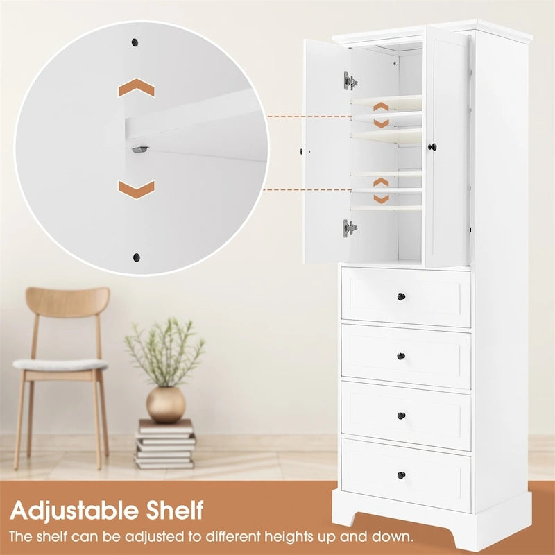 Wooden Storage Cabinet with 2 Doors and 4 Drawers, Adjustable Shelf
