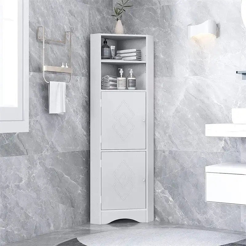 Home Tall Corner Cabinet with 2 Doors and 2 Tiers of Outside Shelves, Freestanding Storage Cabinet with Adjustable Shelves