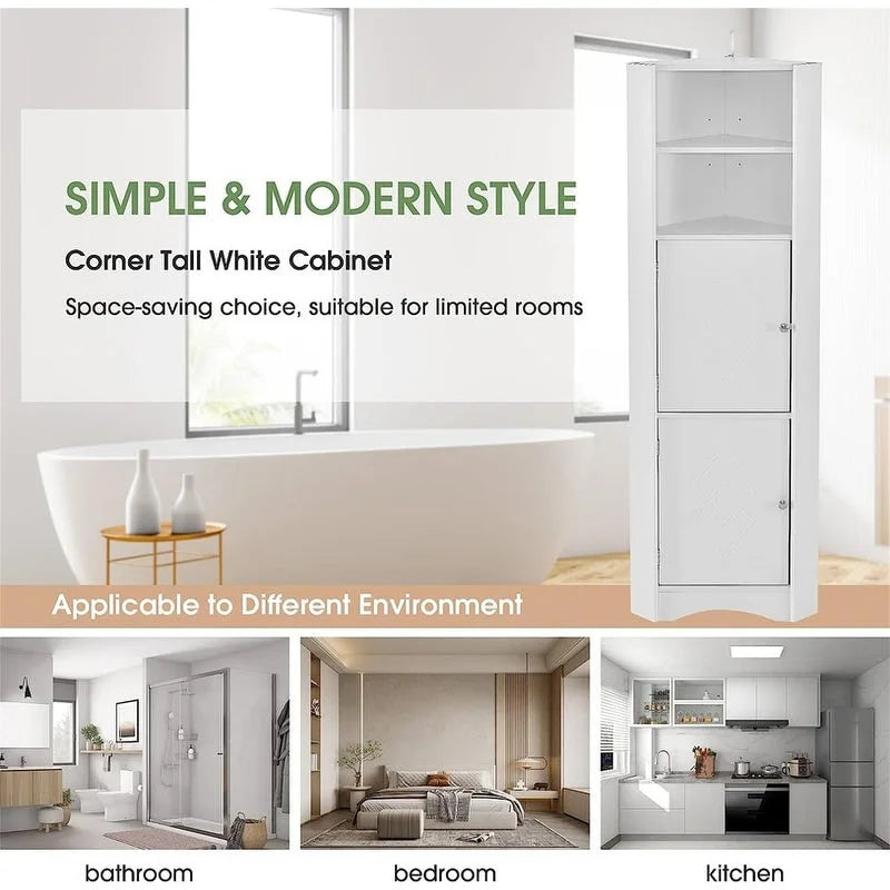 Home Tall Corner Cabinet with 2 Doors and 2 Tiers of Outside Shelves, Freestanding Storage Cabinet with Adjustable Shelves
