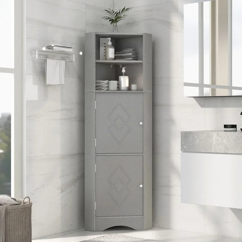 Home Tall Corner Cabinet with 2 Doors and 2 Tiers of Outside Shelves, Freestanding Storage Cabinet with Adjustable Shelves