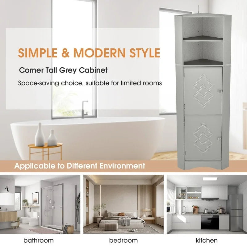 Home Tall Corner Cabinet with 2 Doors and 2 Tiers of Outside Shelves, Freestanding Storage Cabinet with Adjustable Shelves