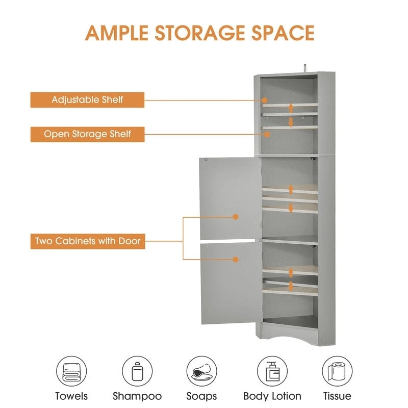 Home Tall Corner Cabinet with 2 Doors and 2 Tiers of Outside Shelves, Freestanding Storage Cabinet with Adjustable Shelves