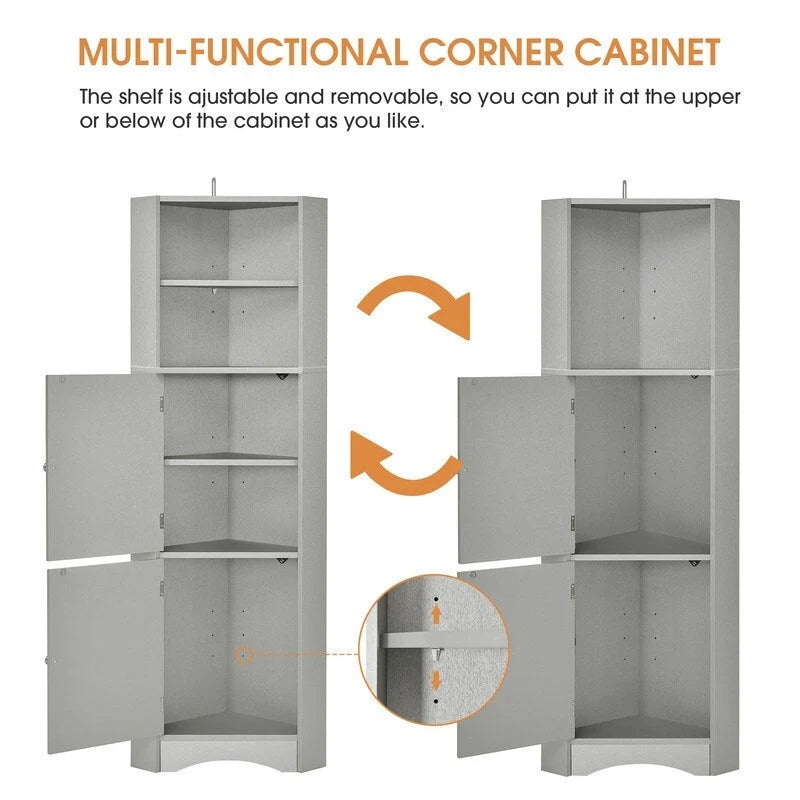 Home Tall Corner Cabinet with 2 Doors and 2 Tiers of Outside Shelves, Freestanding Storage Cabinet with Adjustable Shelves