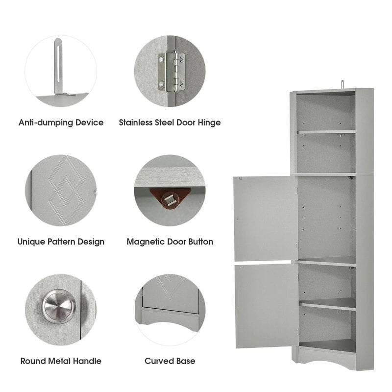 Home Tall Corner Cabinet with 2 Doors and 2 Tiers of Outside Shelves, Freestanding Storage Cabinet with Adjustable Shelves