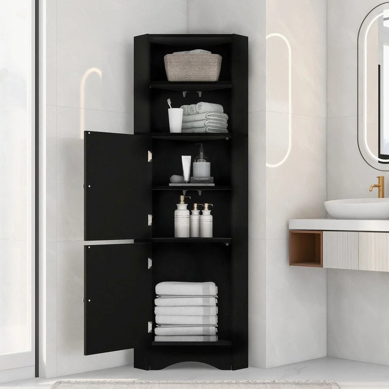 Home Tall Corner Cabinet with 2 Doors and 2 Tiers of Outside Shelves, Freestanding Storage Cabinet with Adjustable Shelves