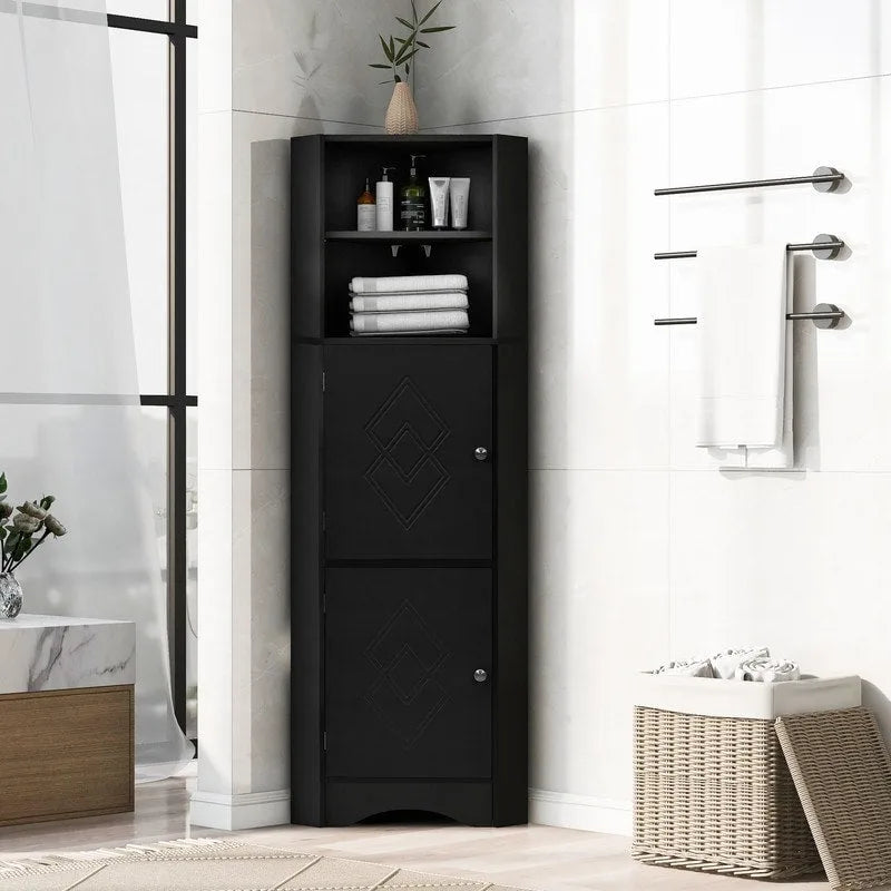 Home Tall Corner Cabinet with 2 Doors and 2 Tiers of Outside Shelves, Freestanding Storage Cabinet with Adjustable Shelves