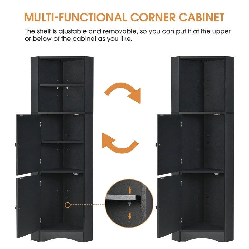 Home Tall Corner Cabinet with 2 Doors and 2 Tiers of Outside Shelves, Freestanding Storage Cabinet with Adjustable Shelves
