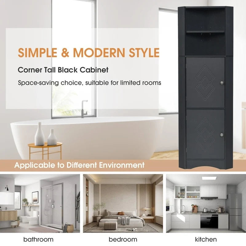 Home Tall Corner Cabinet with 2 Doors and 2 Tiers of Outside Shelves, Freestanding Storage Cabinet with Adjustable Shelves