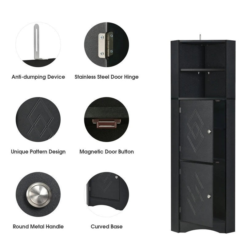 Home Tall Corner Cabinet with 2 Doors and 2 Tiers of Outside Shelves, Freestanding Storage Cabinet with Adjustable Shelves