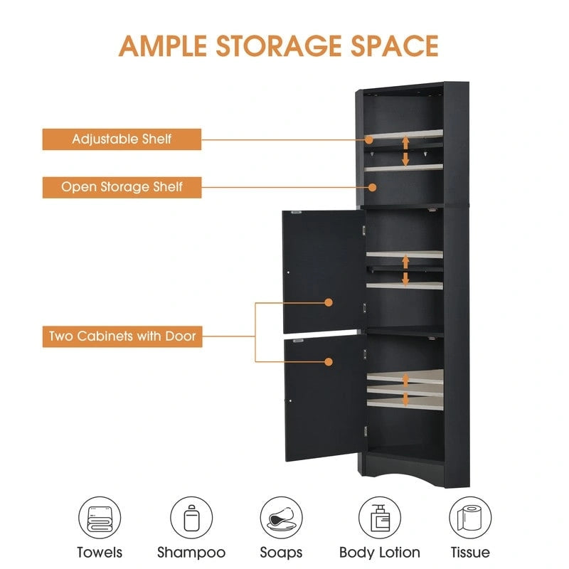Home Tall Corner Cabinet with 2 Doors and 2 Tiers of Outside Shelves, Freestanding Storage Cabinet with Adjustable Shelves
